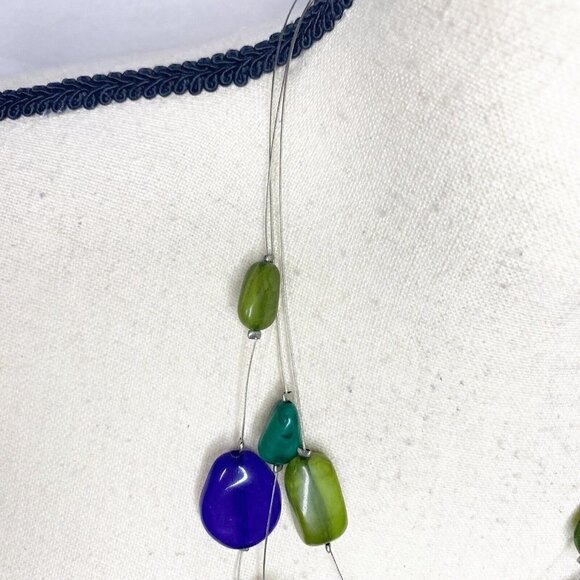 Blue Green Beaded Illusion Necklace Silver Chain 20” Adjustable - Picture 3 of 4